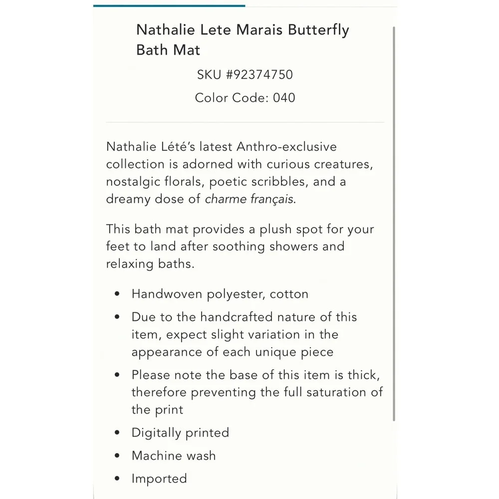 Anthropologie Nathalie Lete Bath Mat Marais Butterfly Blue Floral Bathroom Rug